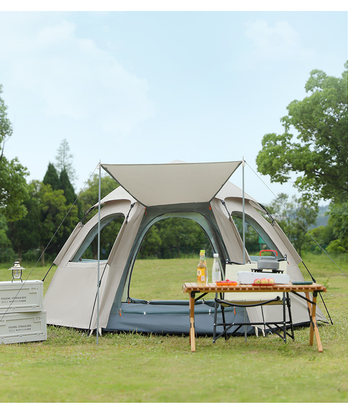 Beige large hexagon ECOTREK camping tent with double-layer waterproof design, suitable for outdoor camping adventures.