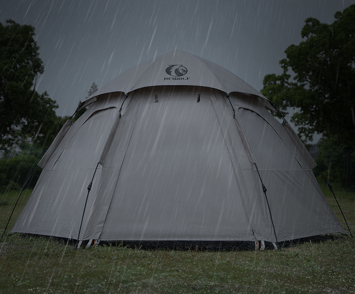 Beige ECOTREK large hexagon double-layer waterproof camping tent set up outdoors with open double-layer design.