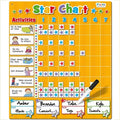 Orange magnetic behavior chart featuring activity icons, colorful star magnets, and dry-erase name sections.
