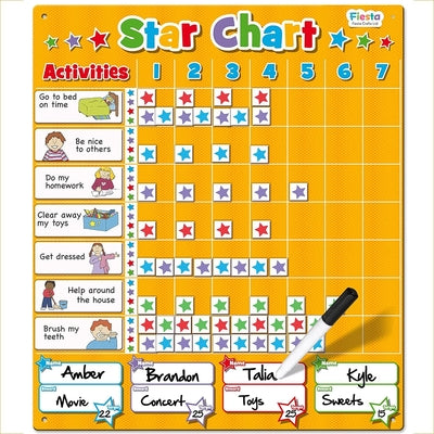Orange magnetic behavior chart featuring activity icons, colorful star magnets, and dry-erase name sections.