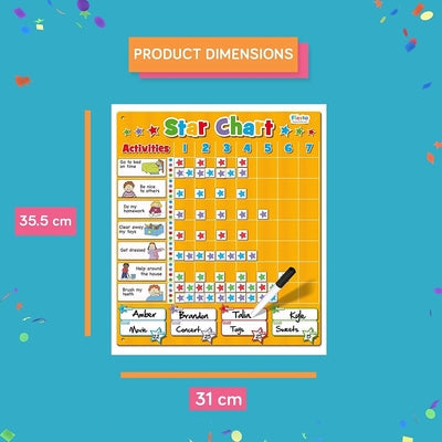 Yellow reward chart with star grid, activity icons, and marker. Dimensions: 35.5 cm high by 31 cm wide.