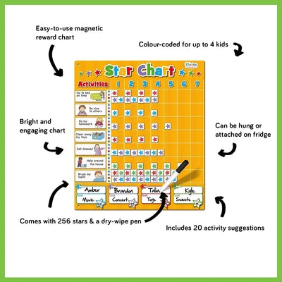 Yellow magnetic star chart with an activity grid, colorful star magnets, and a dry-wipe pen.