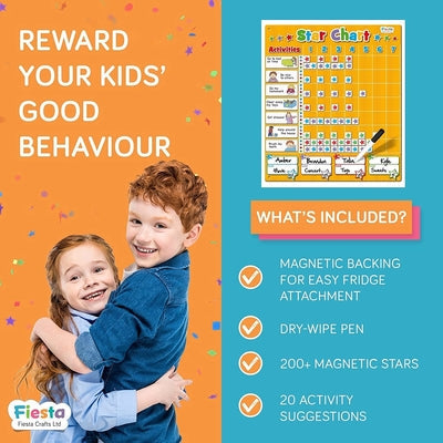 Yellow magnetic star chart with a pen and star magnets, next to two happy kids on orange and blue backgrounds.