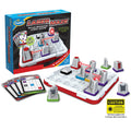Box and game board with gray mirror pieces, a red laser beam path, and challenge cards on a white background.