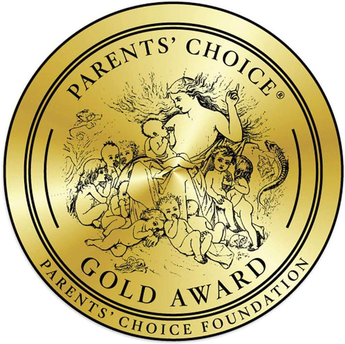 Circular gold Parents' Choice Gold Award seal with a black line drawing of a woman and many children in the center.