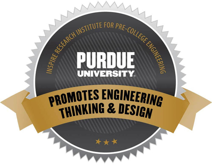 A silver-edged seal with a gold ribbon stating Purdue University Promotes Engineering Thinking and Design.