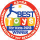Circular ASTRA Best Toys for Kids 2013 Winner award seal with a blue child silhouette and colorful alphabet blocks.