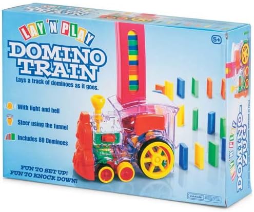 Blue box for a transparent toy train with red wheels laying colorful dominoes from a pink vertical holder.
