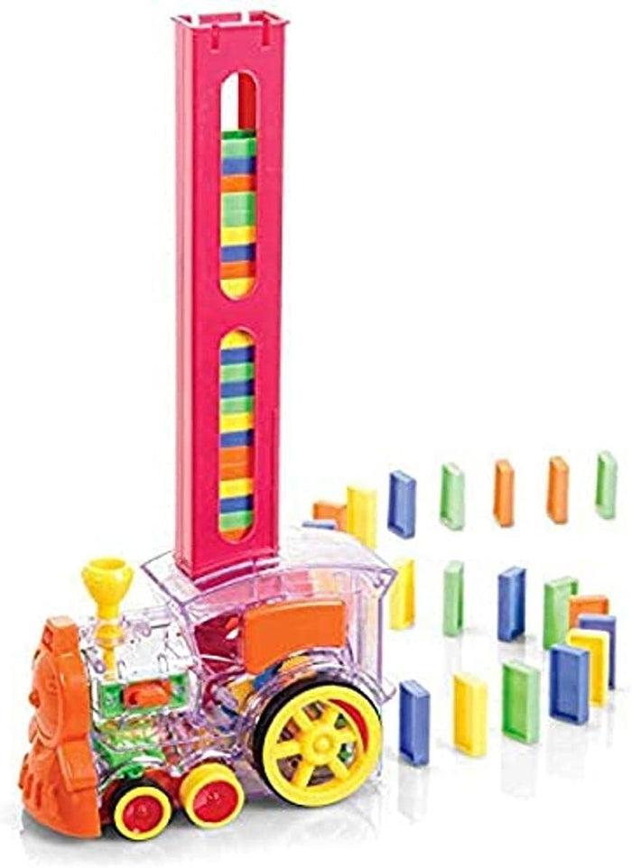 Colorful transparent toy train with a pink tower laying a trail of upright multicolored dominoes.