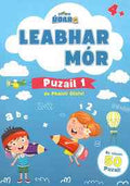 Blue children's puzzle book cover featuring kids holding giant pencils, white clouds, and a hot air balloon.
