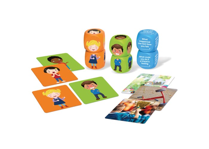 Colorful cubes with character faces and text prompts, alongside cards depicting children's emotions.