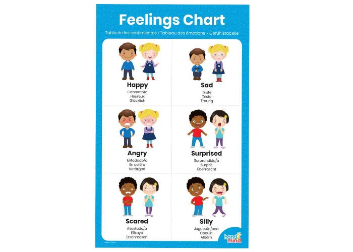 Feelings Chart poster with diverse children illustrating happy, sad, angry, surprised, scared, and silly emotions.