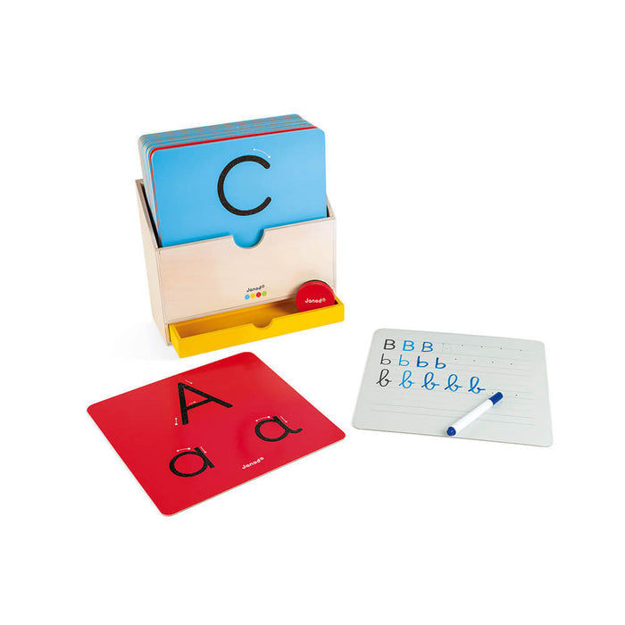 Wooden box with blue letter C card, red letter A card, and a white whiteboard with a blue marker for tracing.