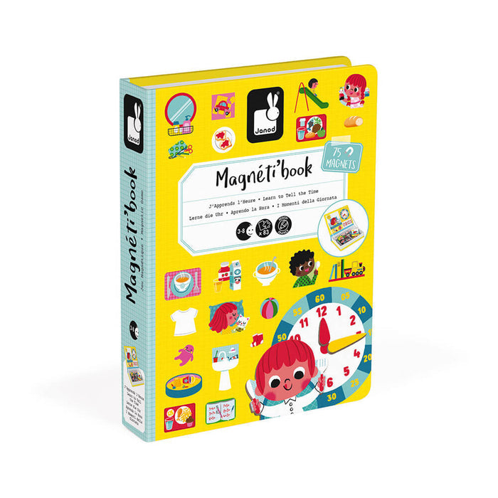 Yellow book-shaped box featuring colorful illustrations of daily activities and a clock face to learn time.