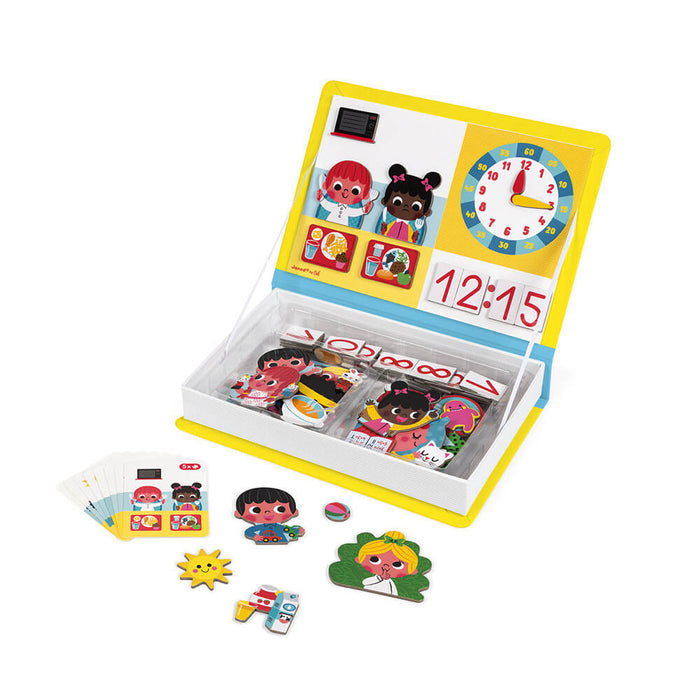Open yellow magnetic book toy featuring an analog clock, digital time display, and various character magnets.