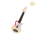 Light wood toy ukulele featuring red trim, a red lightning bolt graphic, and a black electronic control panel.