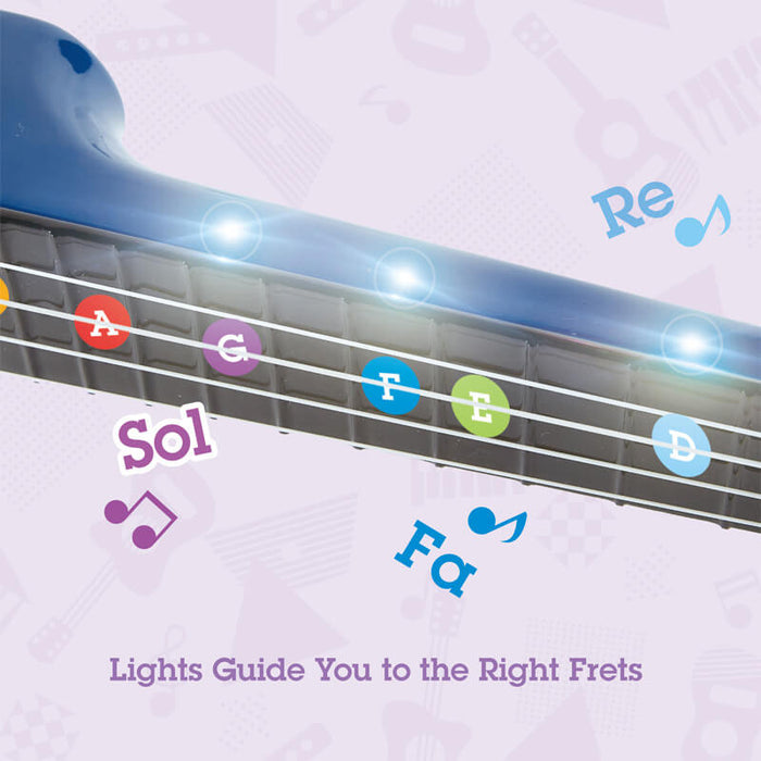 Close-up of a blue ukulele fretboard with glowing lights above the frets and colorful letter stickers on the strings.
