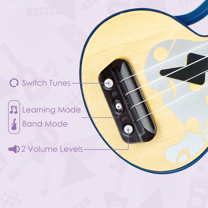 Close-up of a blue and wood toy ukulele bridge with buttons for switching tunes, music modes, and volume levels.