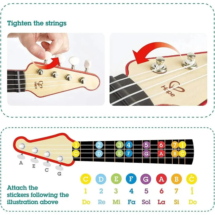 Instructional guide showing how to tighten strings and place color-coded note stickers on a toy ukulele neck.