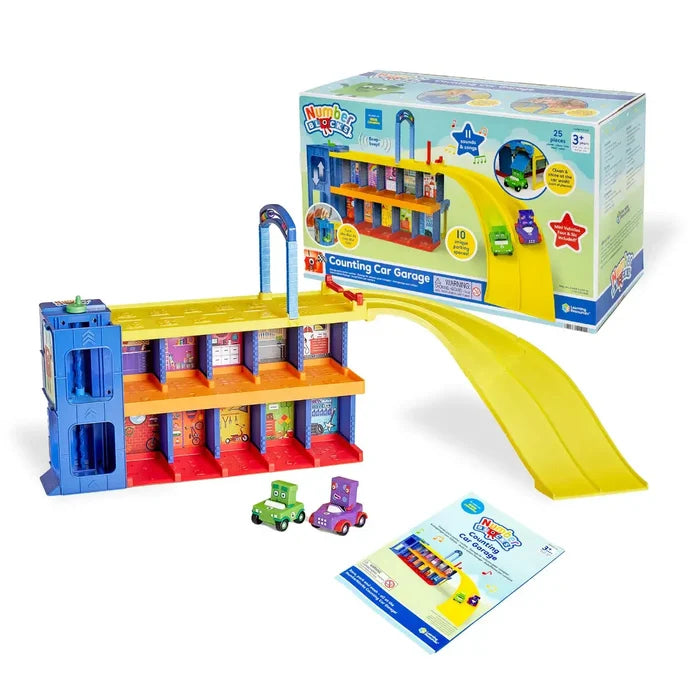 Colorful 3-story toy garage with a yellow ramp, blue lift tower, two mini cars, and product packaging.