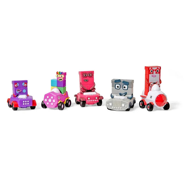 Five colorful block characters with faces riding in purple, pink, gray, and white rocket vehicles on a white background.