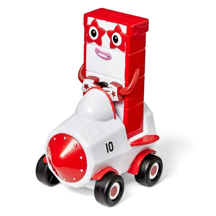 Red and white Numberblock 10 figure in a white rocket-style car with red accents, black wheels, and the number 10.