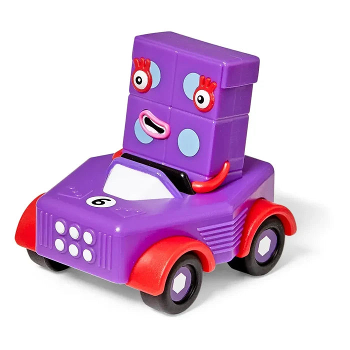 Purple Numberblock Six character in a purple toy car with red fenders and six white spots on the front.