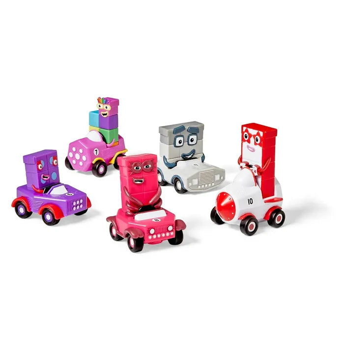 Five colorful Numberblocks 6-10 in matching toy vehicles: a purple car, pink jeep, gray truck, and white rocket.