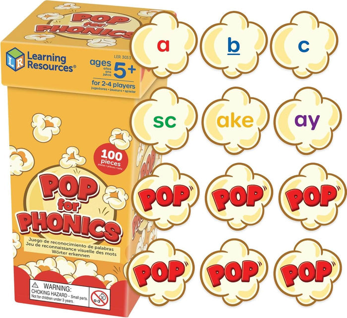 Yellow Pop for Phonics box with popcorn-shaped cards featuring letters, phonics blends, and red POP graphics.