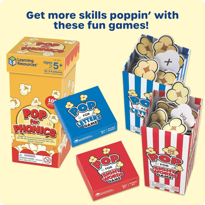 Yellow, blue, and red educational game boxes with popcorn-shaped cards displayed in striped cardboard tubs.