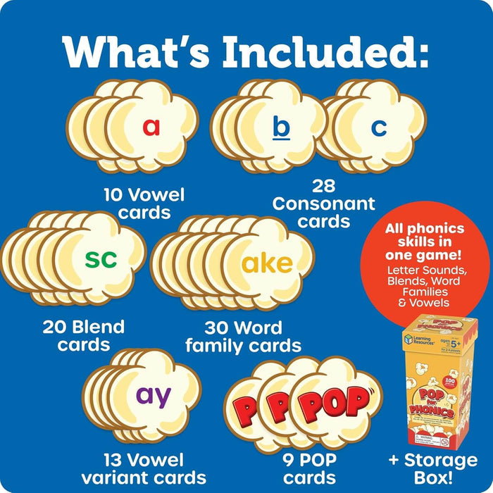Popcorn-shaped phonics cards with letters and word families shown with a themed storage box on a blue background.