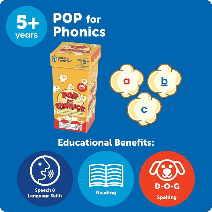 POP for Phonics game box, popcorn-shaped letter pieces, and literacy skill icons on a bright blue background.
