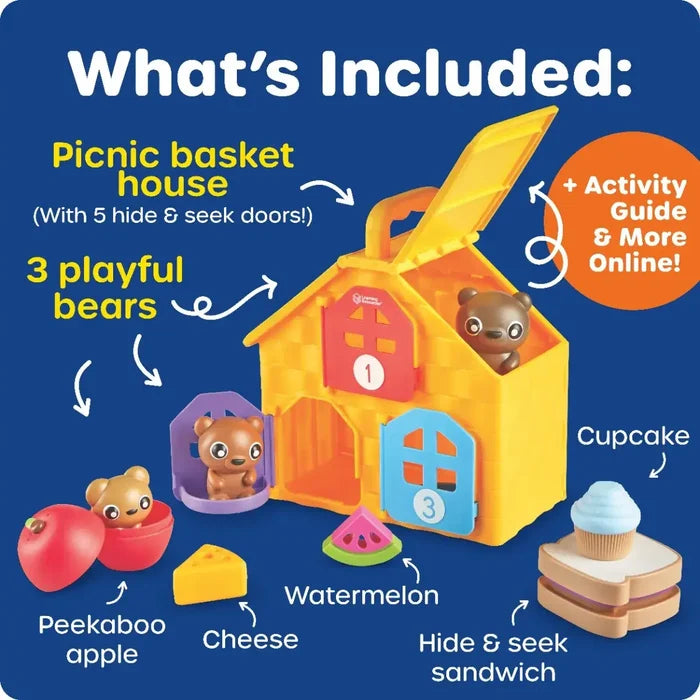 Yellow house picnic basket with 3 bears, colorful numbered doors, toy apple, cheese, watermelon, sandwich, and cupcake.
