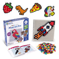 STEM pixel art kit with a grid board, colorful cubes, and guides for creating a rocket, dinosaur, and pizza.