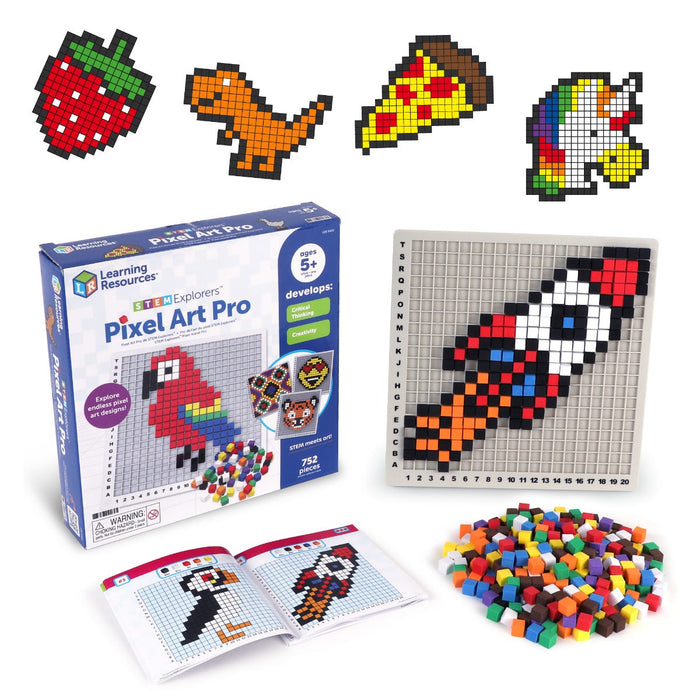 STEM pixel art kit with a grid board, colorful cubes, and guides for creating a rocket, dinosaur, and pizza.