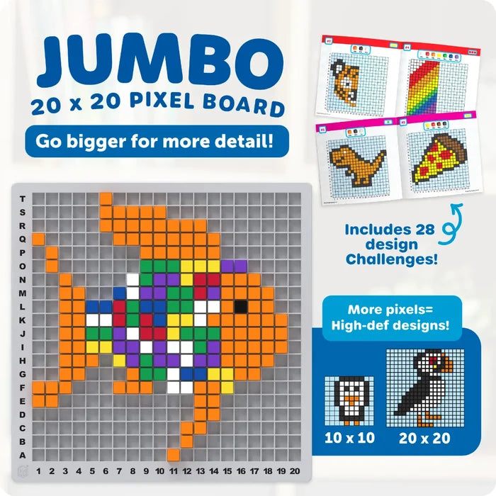 20x20 grey pixel board with a colorful fish mosaic, plus design challenge cards and a high-definition puffin example.