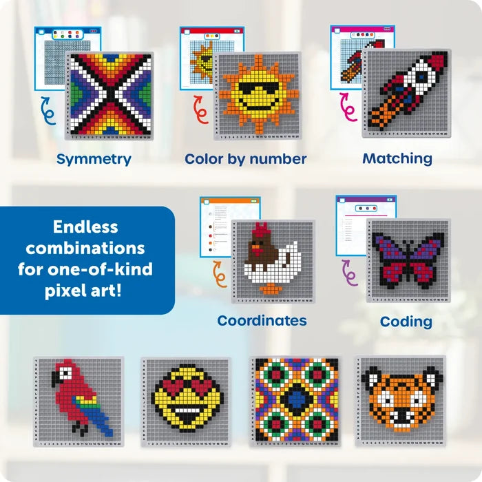 Colorful pixel art of a parrot, tiger, and butterfly on grid boards, showcasing STEM learning concepts.
