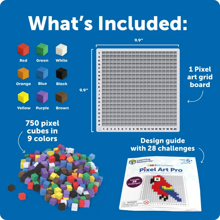750 pixel cubes in 9 colors, a 20x20 white grid board, and a design booklet featuring a pixel art parrot.