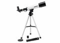 White telescope with black trim on a silver tabletop tripod, plus extra eyepieces and a lens cap shown below.