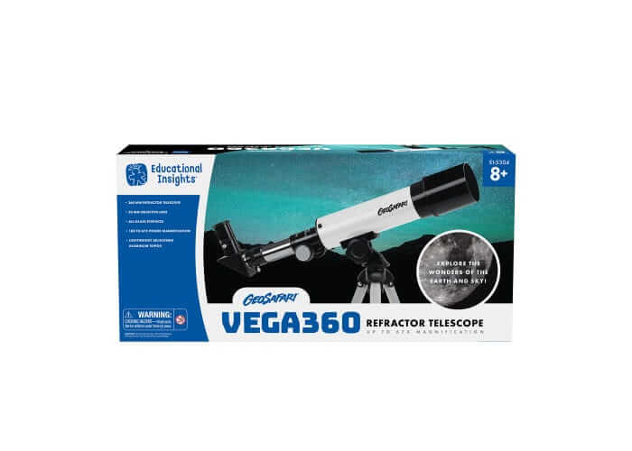 White and black refractor telescope on a tripod, shown in its blue and white retail box with moon imagery.