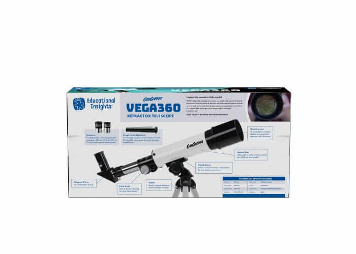 White box for a white and black refractor telescope on a silver tripod with labeled accessory images.