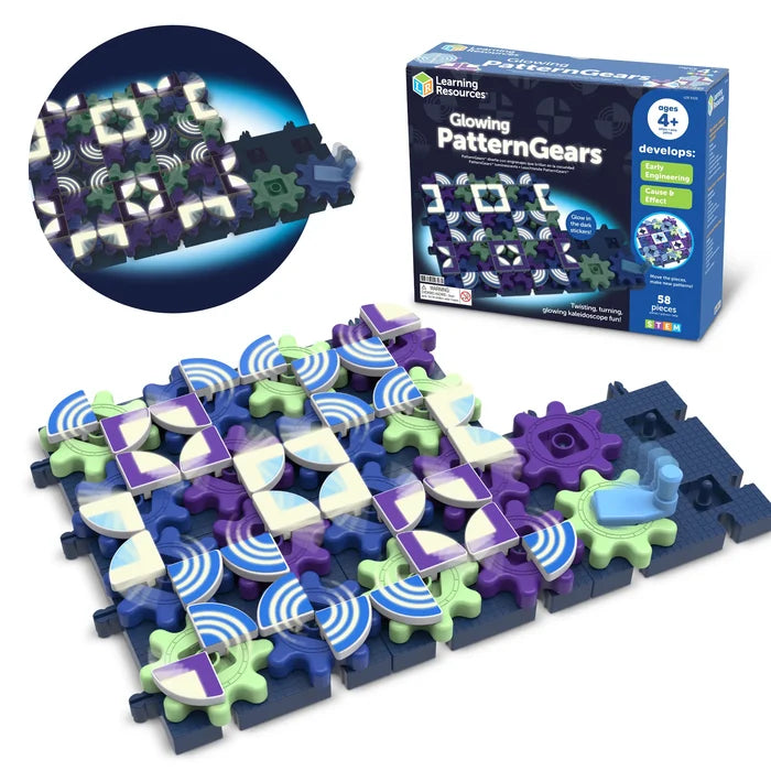 Colorful interlocking gears with patterned stickers on dark bases, shown with product box and glow-in-the-dark inset.