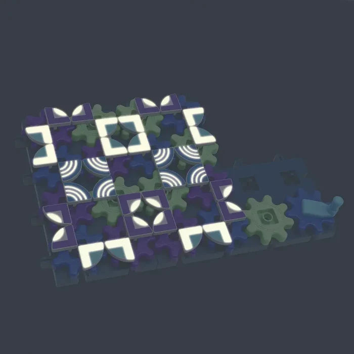 Purple and green gears with glowing white geometric patterns and a hand crank set on a dark background.