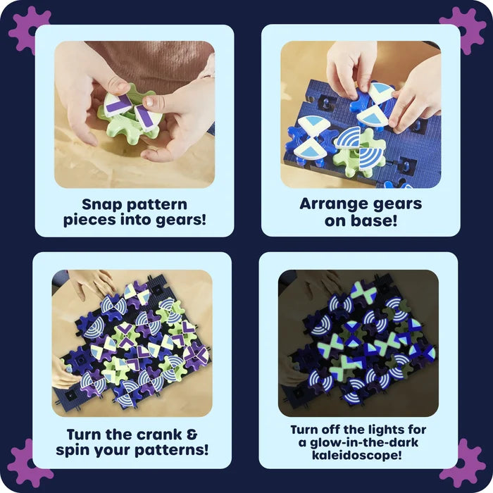 Four panels show snapping colorful patterns into gears, building them on a base, and spinning them to glow in the dark.