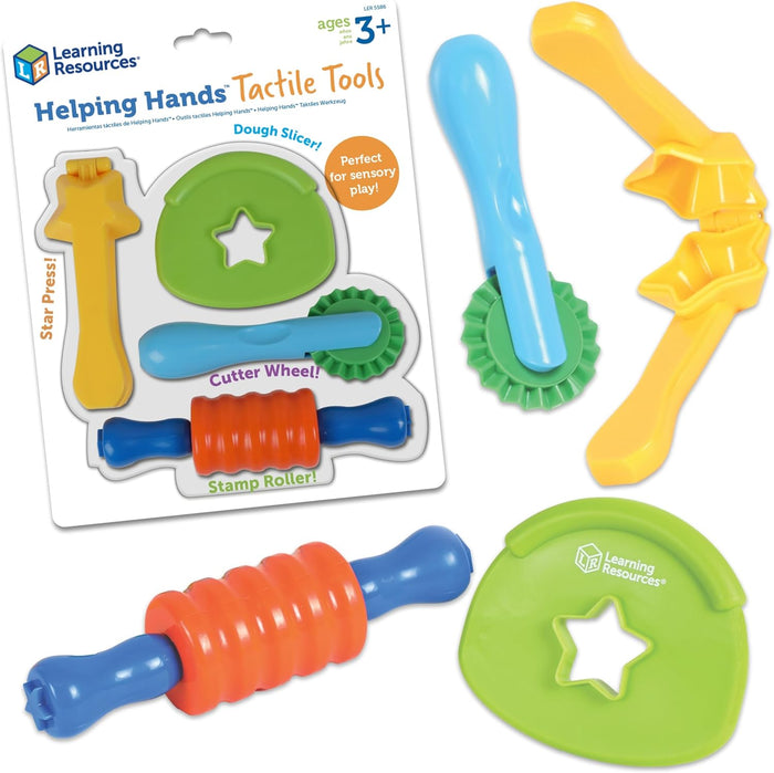 Brightly colored sensory tools: yellow star press, blue wavy wheel, orange ridged roller, and green star cutout slicer.