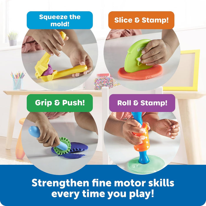 Four photos of a child using colorful plastic tools to squeeze, slice, roll, and stamp play dough.