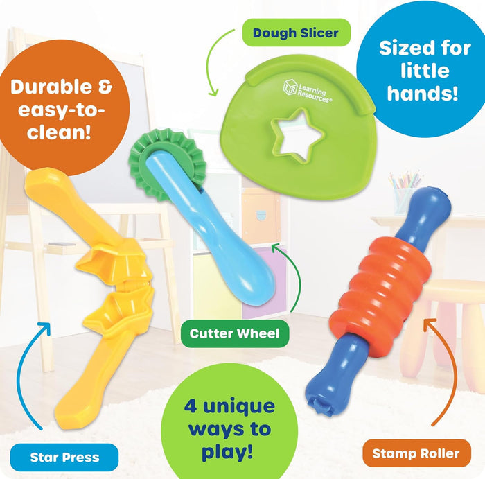 Four bright plastic dough tools: yellow star press, green slicer, blue cutter wheel, and orange stamp roller.