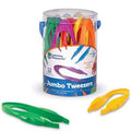 Set of 12 colorful jumbo plastic tweezers in a clear storage bucket; green and yellow tweezers shown in front.