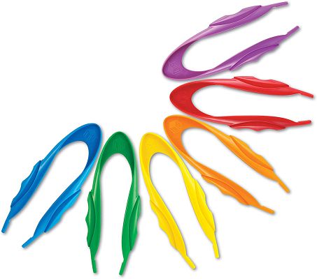Six oversized plastic tweezers in purple, red, orange, yellow, green, and blue fanned out on a white background.
