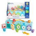 Blue toy with 5 colored, numbered doors, matching animal figures, and a yellow key shown in and out of retail packaging.
